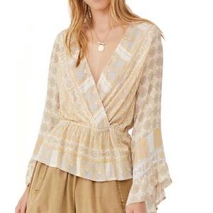 FREE PEOPLE NWT - Rosalie wrap top in antique (gold/gray) print size S or M.